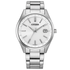 Reloj Citizen CB0300-53A Eco-Drive con control por radio, esfera blanca, caja y brazalete de acero inoxidable, índices tipo bastón aplicados y ventana de fecha a las 3 en punto.