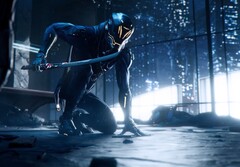 Personaje de Ghostrunner sosteniendo una espada en un rascacielos