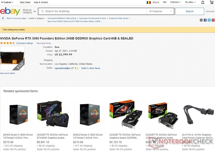 NVIDIA GeForce RTX 3090 Founders Edition se vende en eBay por 2.999,99 dólares y otros precios de locura (Fuente: Propia)