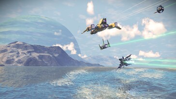 Una imagen que muestra naves espaciales en No Man's Sky.