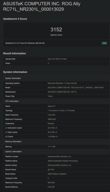 Asus ROG Ally en Geekbench (imagen vía Geekbench)