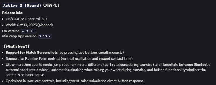 Las notas de la versión 6.3.8.3 del firmware para el smartwatch Active 2 (Round). (Fuente de la imagen: Amazfit vía Discord)