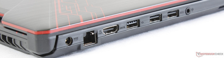Izquierda: adaptador de CA, Gigabit RJ-45, HDMI 1.4, USB 2.0, 2x USB 3.0, audio combinado de 3.5 mm