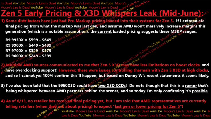 Precios rumoreados del sobremesa Ryzen 9000 (imagen vía Moore's Law is Dead)