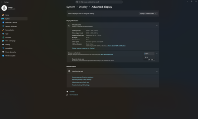 Configuración avanzada de pantalla de Windows con opciones de frecuencia de actualización