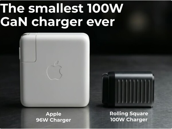 El cargador Supertiny 100W GaN es una fracción del tamaño del cargador de un MacBook.