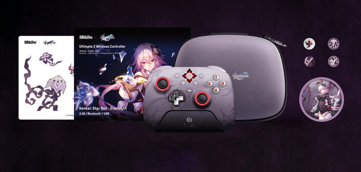 La edición Honkai: Star Rail - Evernight viene con varios accesorios exclusivos además del propio mando. (Fuente de la imagen: 8BitDo)