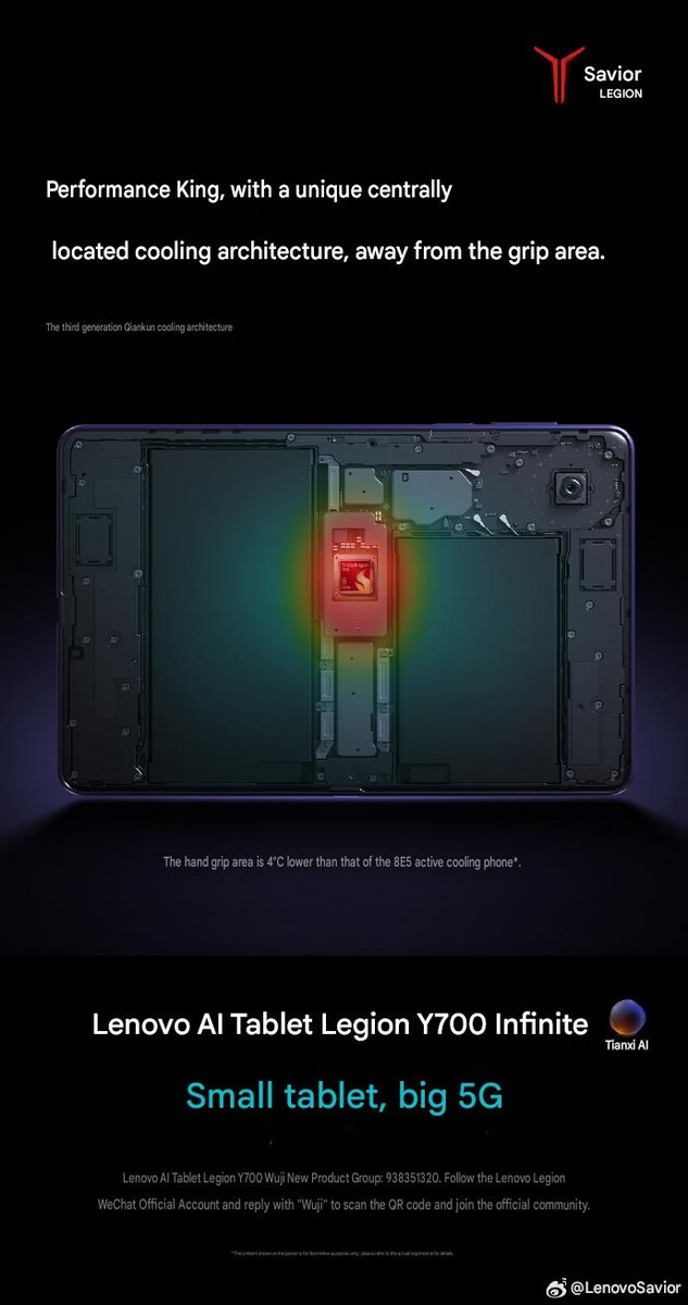 Diseño interno del Lenovo Legion Y700 Infinite, en el que se aprecia el procesador Snapdragon situado en el centro y la arquitectura térmica diseñada para mantener más fresca la zona de sujeción de la tableta durante las partidas.