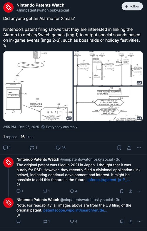 Actualización de Nintendo Patents Watch sobre la patente de Alarmo Nintendo (Fuente de la imagen: captura de pantalla, cuenta Bluesky de Nintendo Patents Watch)