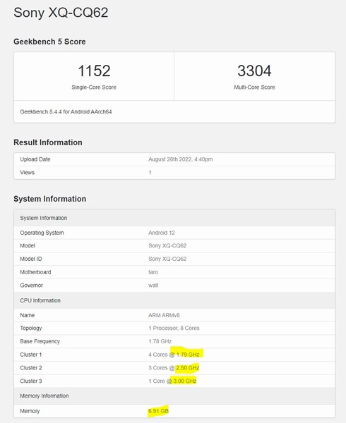 Supuesto registro de Geekbench del Sony Xperia 5 IV. (Fuente de la imagen: SmartphoneDigest)