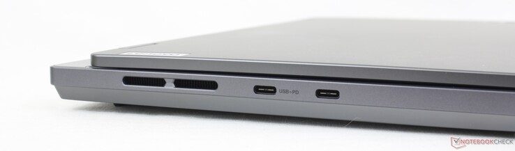 Izquierda: 1x USB-C 3.2 Gen. 2 + DisplayPort 1.4 + 140 W Power Delivery, 1x USB-C 3.2 Gen. 2 + DisplayPort 1.4
