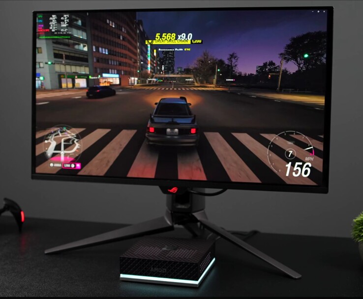 Mini PC AMD Ryzen AI Max+ 395 con SteamOS ejecutando un juego en un monitor de videojuegos externo