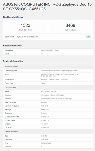 Asus ROG Zephyrus Duo 15 SE con Ryzen 9 5980HX y RTX 3080 - Puntuaciones de la CPU en Geekbench. (Fuente: Geekbench)