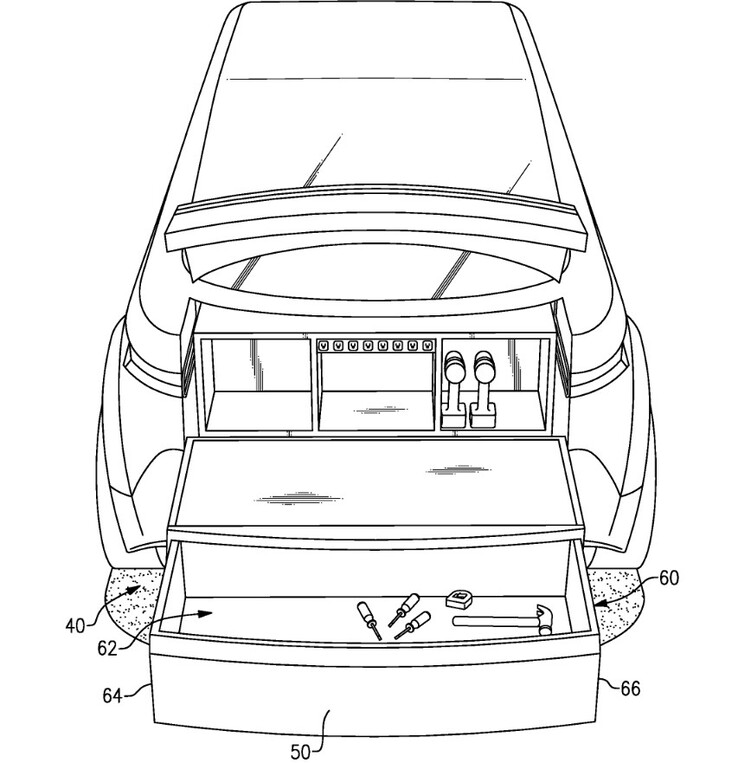 Ford parece pretender que el complemento del maletero del F-150 Lightning sea una superficie de trabajo, dado todo el espacio práctico y las características que contiene. (Fuente de la imagen: US Patent Application Publication)