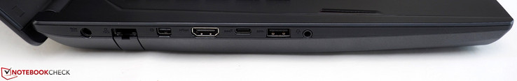izquierda: toma de corriente, RJ45-LAN, mini DisplayPort, HDMI, USB-C 3.1 Gen2, USB-A 3.0, clavija 3.5 mm