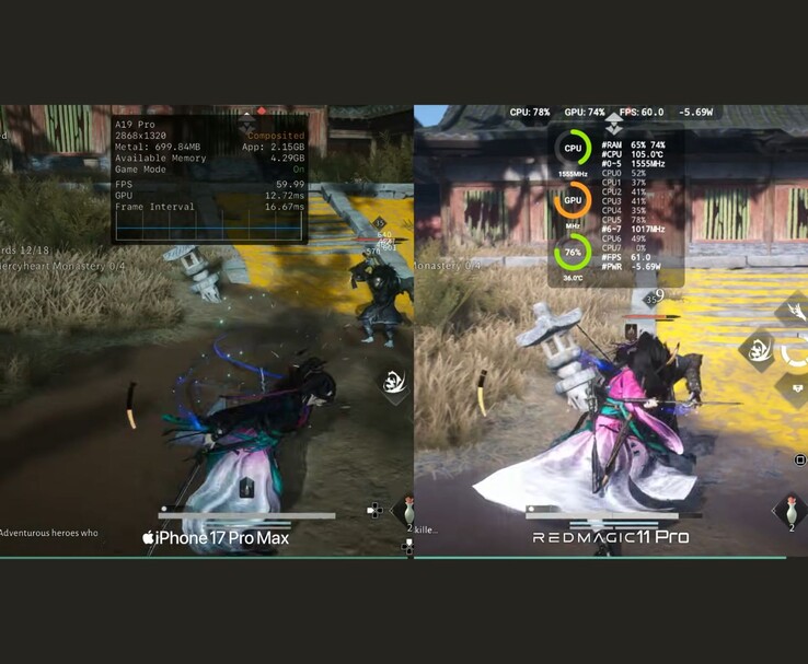 Comparación del rendimiento de Where Winds Meet Mobile entre el iPhone 17 Pro Max y RedMagic 11 Pro con métricas en pantalla (Fuente de la imagen: Dame Tech vía YouTube)