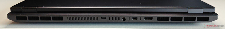 Trasera: USB-C 4.0 con Thunderbolt 4 (40 Gbps, DisplayPort 2.1 a través de iGPU, 140 W Power Delivery), conector de alimentación, Mini DisplayPort 2.1 (a través de dGPU, DP40/UHBR10, VRR/G-Sync), HDMI 2.1 (a través de dGPU, 48 Gbps, HDCP 2.3, VRR/G-Sync)