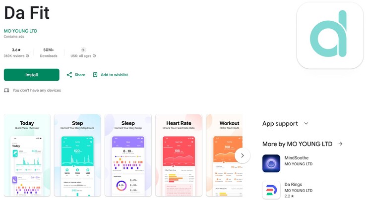 Sólo 3,6 estrellas para la aplicación Da Fit (fuente: captura de pantalla de Google Play)