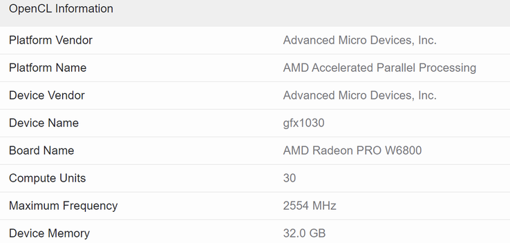 AMD Radeon Pro W6800 en Geekbench. (Fuente: Geekbench vía Videocardz)