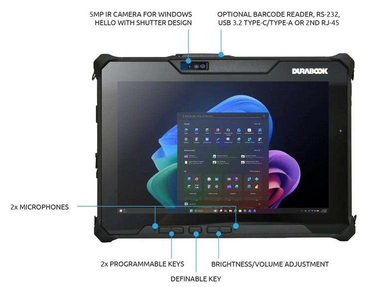 El portátil 2 en 1 Durabook R10 cuenta con botones físicos y un lector de códigos de barras opcional para su uso en entornos empresariales y corporativos. (Fuente de la imagen: Durabook)