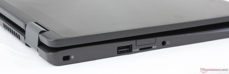 Derecha: Noble Lock, USB 3.1 Gen 1 Tipo A, lector MicroSD, lector MicroSIM (opcional), audio combinado de 3.5 mm