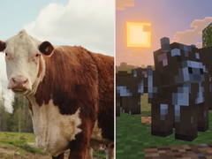 Una captura de pantalla de la actualización de Minecraft Tiny Takeover en la que se comparan las vacas del juego con una de verdad