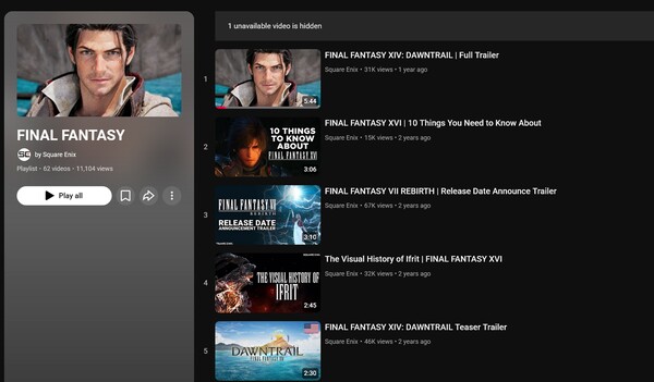 Lista de reproducción de Final Fantasy de Square Enix en YouTube (Fuente de la imagen: captura de pantalla, Square Enix YouTube)