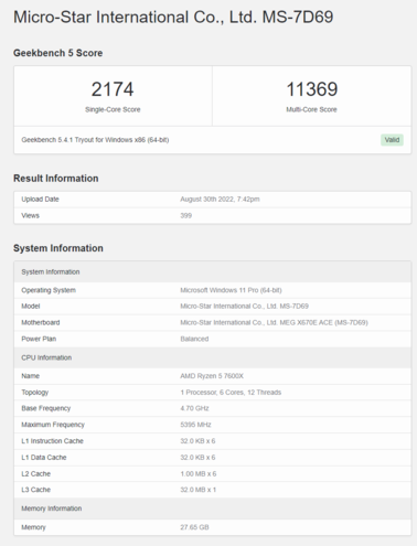 AMD Ryzen 5 7600 en Geekbench. (Fuente: Geekbench)