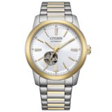 Reloj automático Citizen NH9154-51A en dos tonos, con esfera plateada, bisel y eslabones centrales del brazalete en tono dorado, y una ventana que deja ver el mecanismo por encima de las 6 en punto.