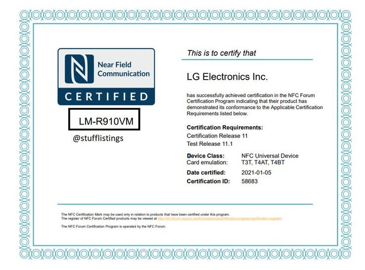 @stufflistings descubre el "LG Rollable" con certificación NFC. (Fuente: NFC Forum vía Twitter)