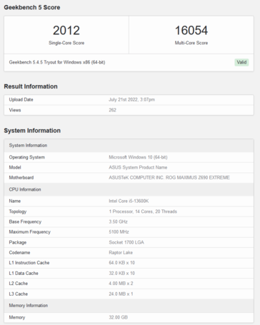 Listado de Intel Core i5-13600K en Geekbench (imagen vía Geekbench)