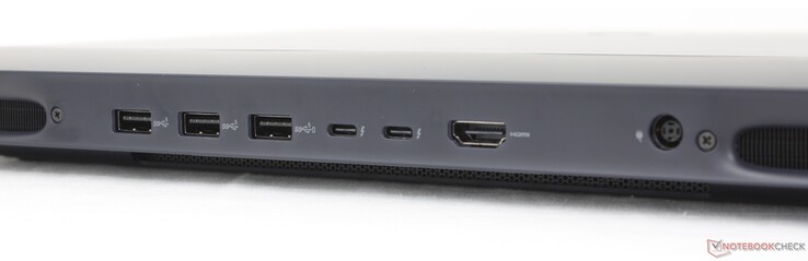 Parte trasera: 3x USB-A 3.2 Gen. 1 (5 Gbps), 2x USB-C Thunderbolt 5 con DisplayPort 2.1 + Power Delivery, HDMI 2.1, adaptador de CA
