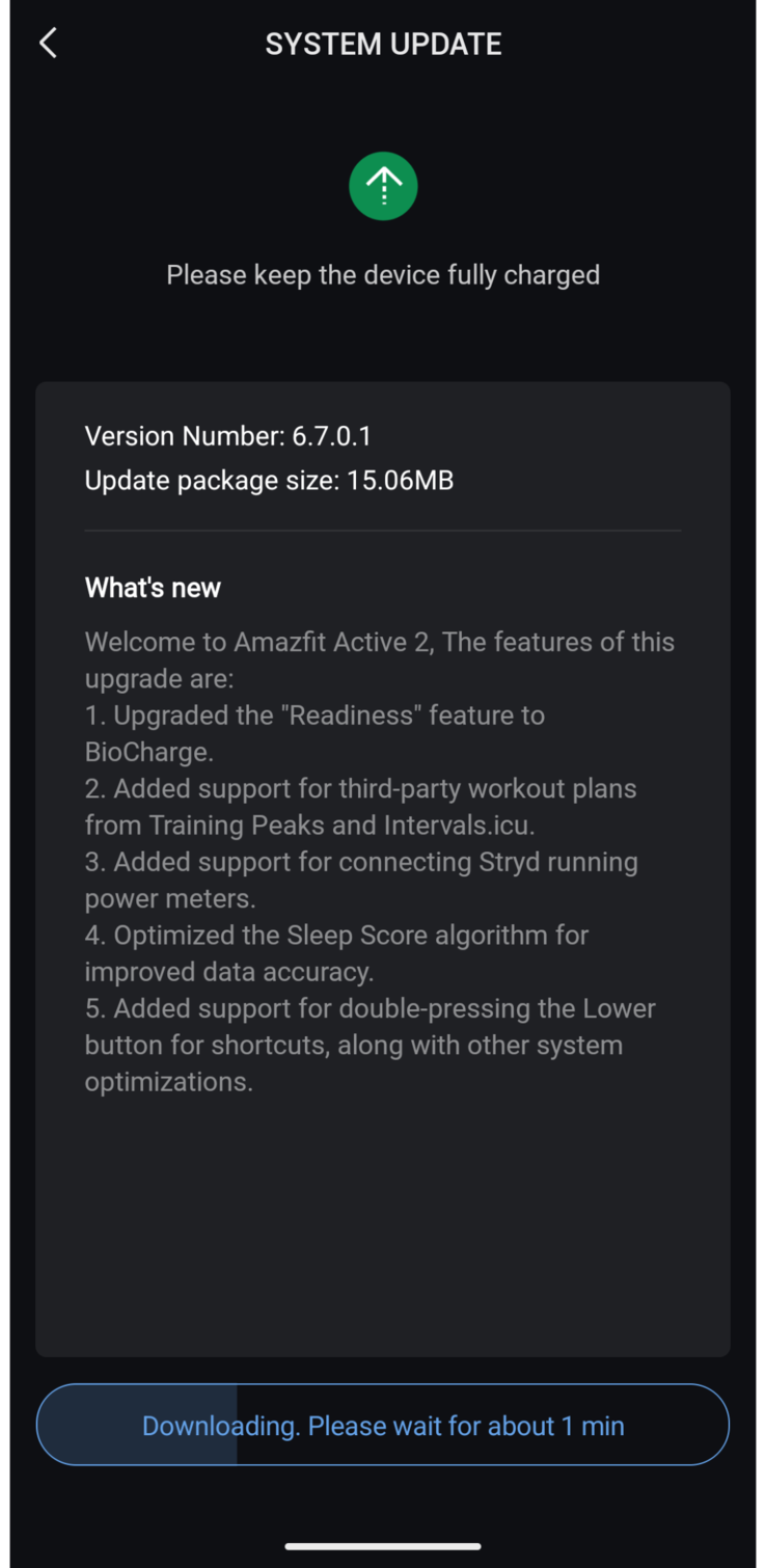 Las notas de la versión 6.7.0.1 del software para los relojes inteligentes Amazfit Active 2. (Fuente de la imagen: u/kruzin_tv vía Reddit)