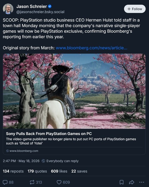 Post de Jason Schreier Bluesky sobre las exclusivas de PS5