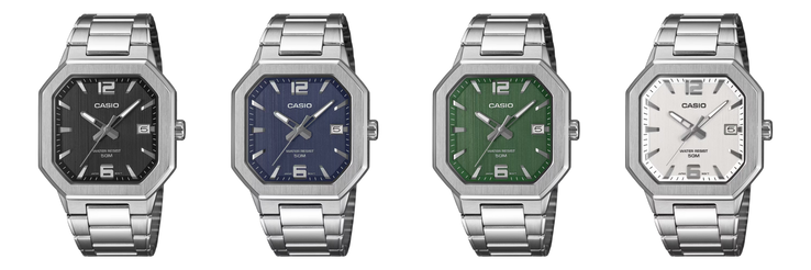 De izquierda a derecha: los relojes Casio MTP-B195D-1AV, MTP-B195D-2AV, MTP-B195D-3AV y MTP-B195D-7AV. (Fuente de la imagen: Casio, editado)