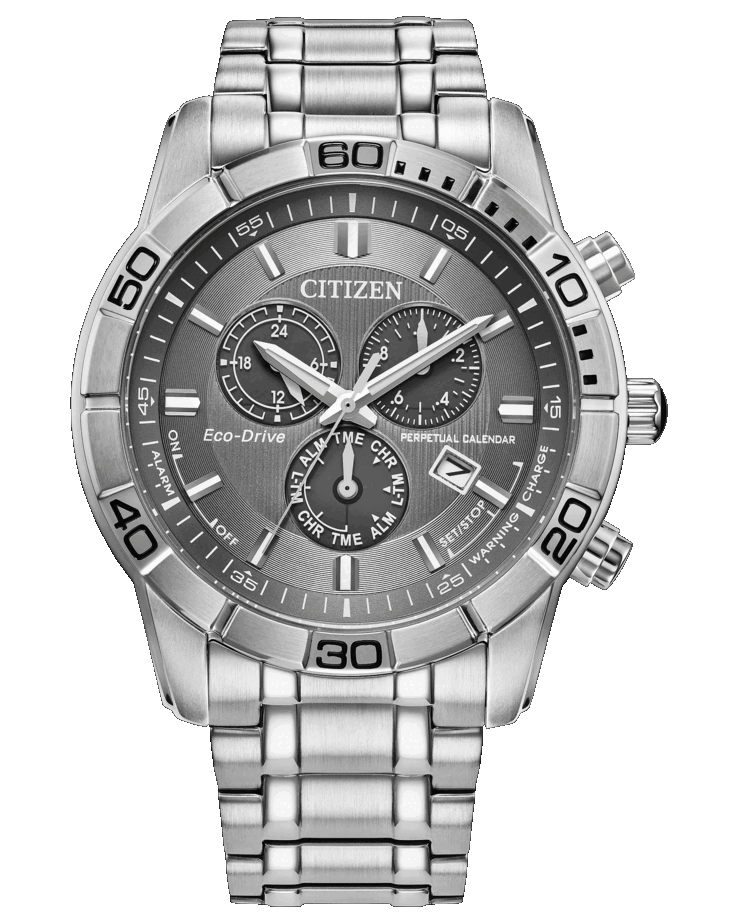 Cronógrafo Citizen Classic Eco-Drive con esfera gris, caja de acero inoxidable cepillado de 44 mm, bisel fijo de 60 minutos y tres subesferas.
