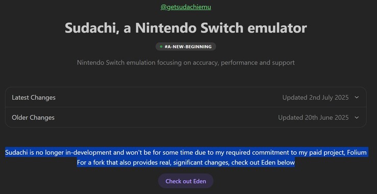 El anuncio en la página web oficial de Sudachi (Fuente de la imagen: Sudachi)