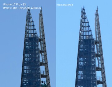 iPhone 17 Pro - Zoom sin pérdidas de 24x con el objetivo de 300-600 mm (izquierda) frente al zoom digital de 24x (derecha).