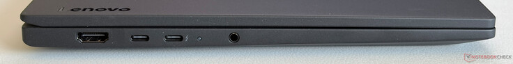 Lado izquierdo: HDMI 2.1, USB-C 3.2 Gen. 1 (5 Gbps, DisplayPort 1.2, Power Delivery), USB-C 4.0 con Thunderbolt 4 (40 Gbps, DisplayPort 2.1, Power Delivery), conector estéreo de 3,5 mm
