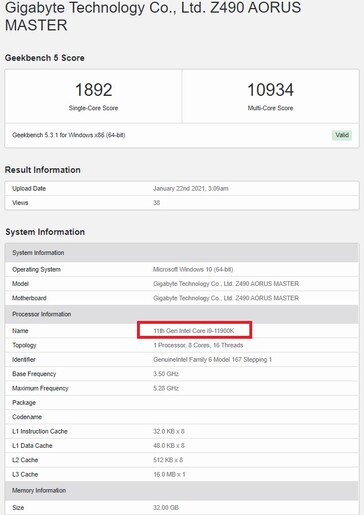 Intel Core i9-11900K. (Fuente de la imagen: Geekbench)