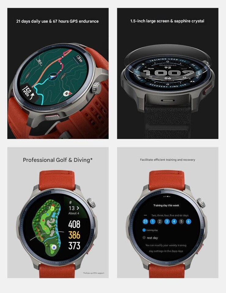 Un post describiendo algunas características del smartwatch Amazfit Balance 2. (Fuente de la imagen: Amazfit, traducción automática)
