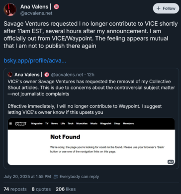 Ana Valens anuncia su dimisión de Vice (Fuente de la imagen: captura de pantalla, cuenta de Ana Valens en Bluesky)