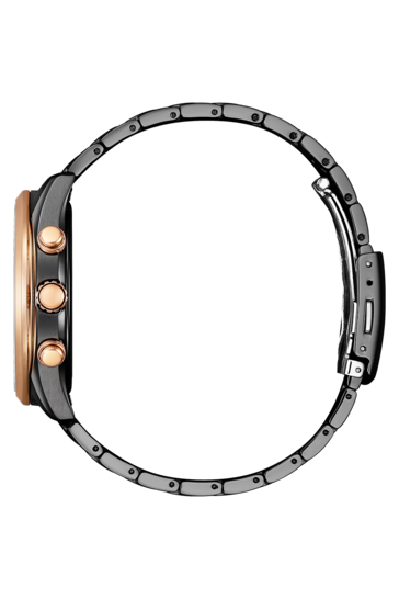 Vista lateral del Citizen Eco-Drive BY1036-53L, en la que se aprecian su bisel, corona y pulsadores en oro rosa, así como su brazalete negro