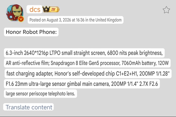 Especificaciones del Honor Robot Phone detalladas en la publicación de DCS en Weibo