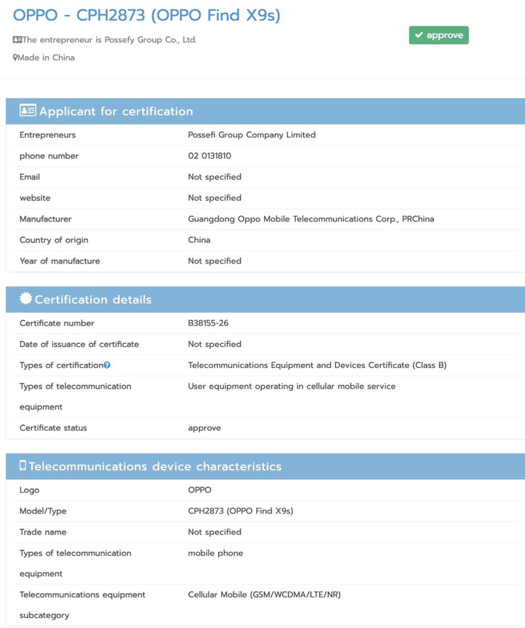 El Oppo Find X9s supera la certificación NBTC.