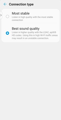 El tipo de conexión utiliza el códec SBC o AAC en el modo Más estable, y el códec LDAC de alta resolución en el modo Mejor calidad de sonido. (Fuente de la imagen: Notebookcheck)