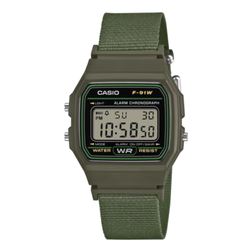 Casio F-91WF-3A con correa de tela de color verde oliva.