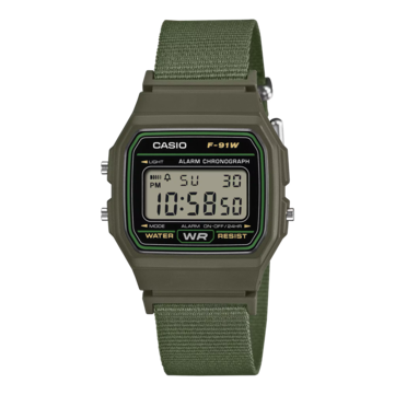 Reloj digital Casio F-91WF-3A con caja negra con detalles en verde y correa de tejido verde.