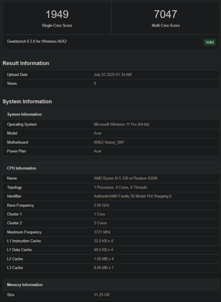 Listado de Geekbench del Ryzen AI 5 330 (fuente de la imagen: Geekbench)