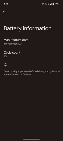 La recién añadida página de información sobre la batería en los teléfonos Pixel muestra el recuento de ciclos de carga